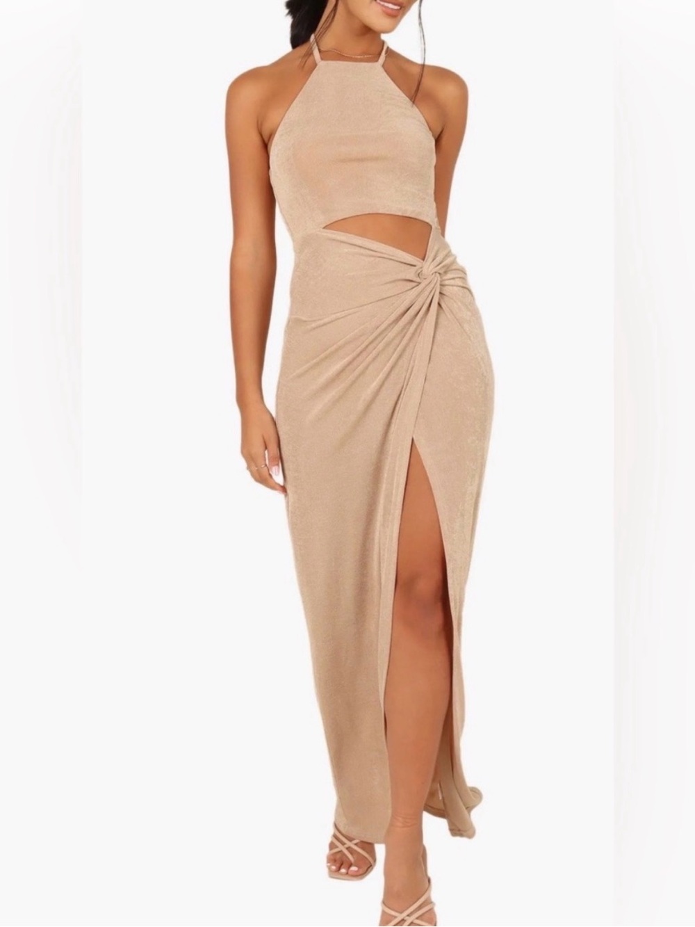 Petal & Pup Scarlette halter maxi dress gold ruched slinky cutout slit US SZ 4